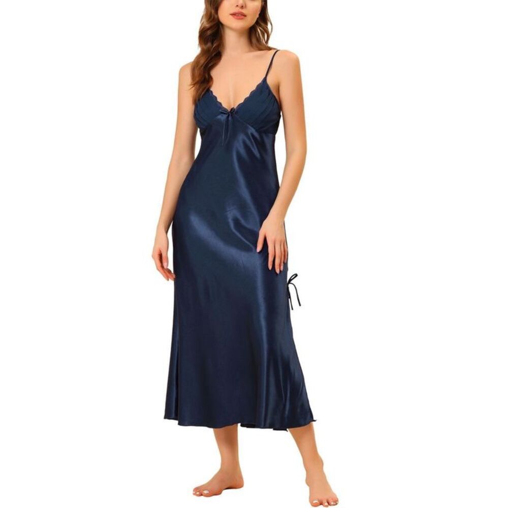 cheibear Women's Spaghetti Strap Nightdress Cami Satin Pajama Dress Large Blue